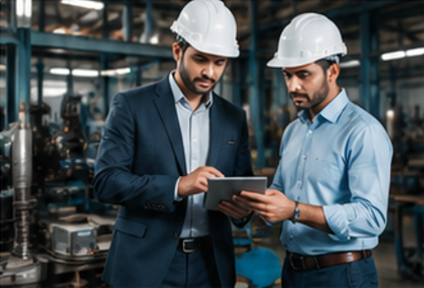 Manufacturing professionals reviewing production data