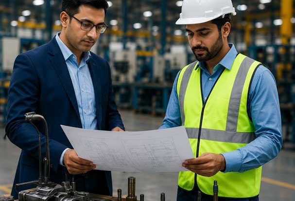 Manufacturing professionals reviewing production data