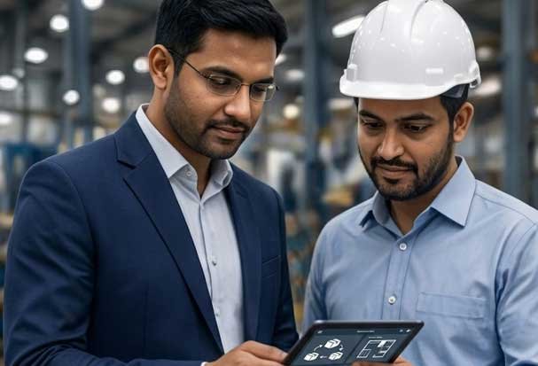 Manufacturing professionals reviewing production data