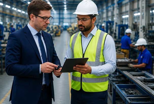 Manufacturing professionals reviewing production data