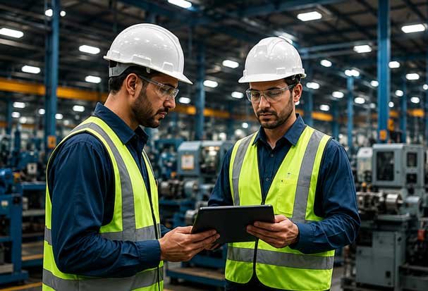 Manufacturing professionals reviewing production data