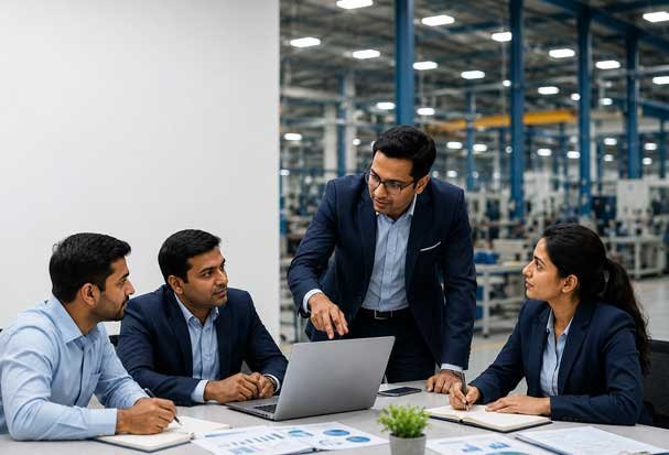 Manufacturing professionals reviewing production data